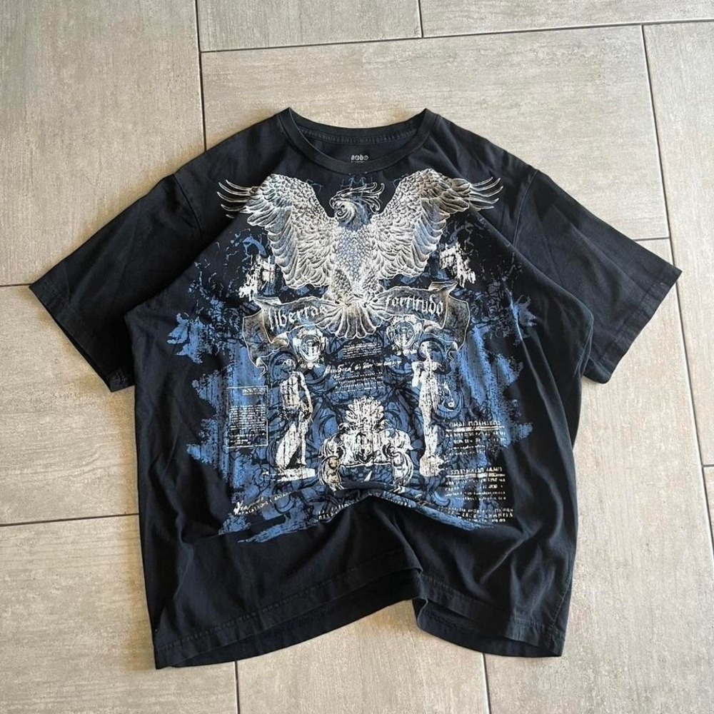 No Boundaries Mens Eagle Graphic Tee Black Blue Libertas Fortitudo XL 23.5x27